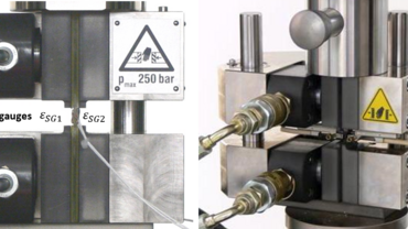 ASTM D6641 Combined Loading Compression Druckversuch an Composites: HCCF Vorrichtung mit eingebauter Probe mit beidseitig applizierten DMS und Clip-on Extensometer